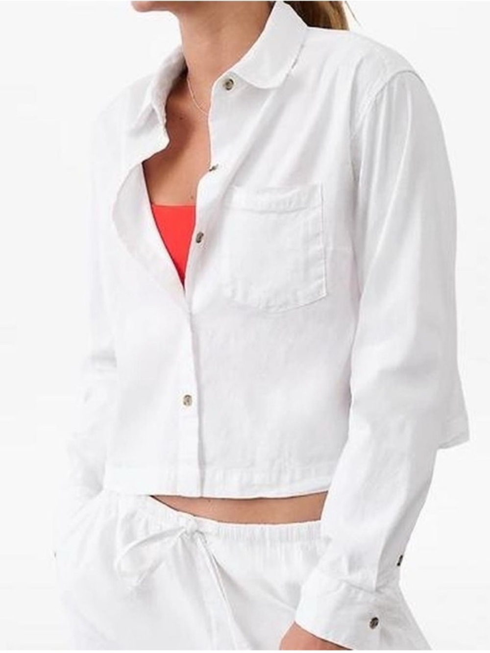 Athleta cropped linen blend white button up women’s large
